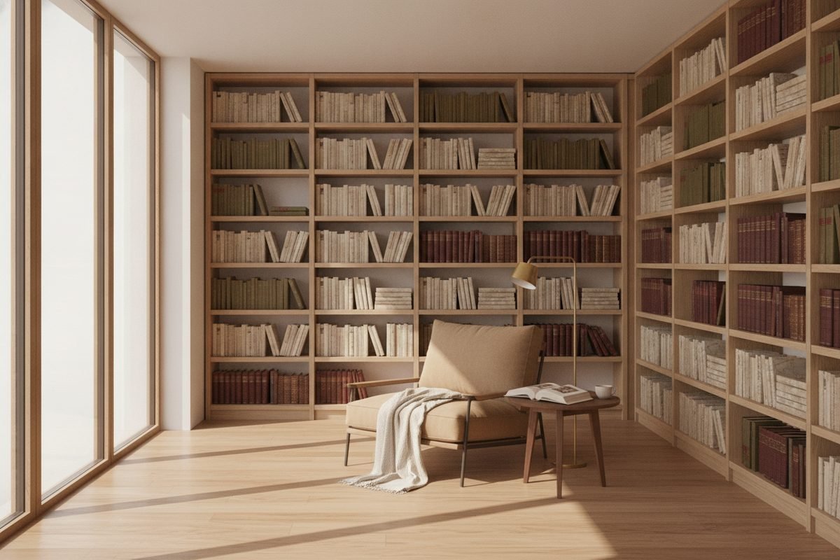 A bright reading room with warm oak shelving