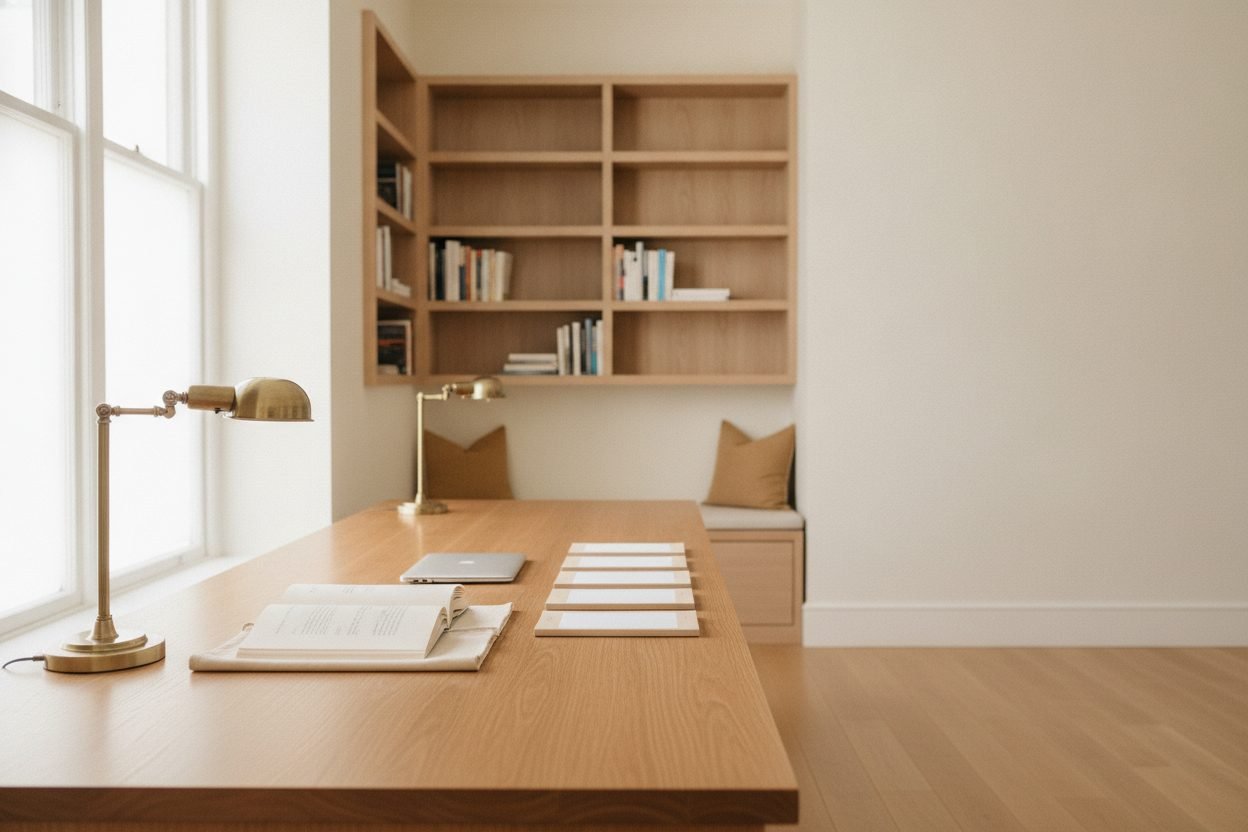 A calm, modern editorial workspace with warm natural light